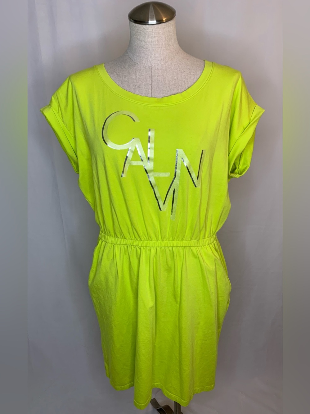 Womens Calvin Klein logo T-shirt dress neon green CK casual cotton dress size XL